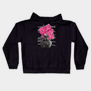 Black and white girl with color beautiful flowers in her head. Kids Hoodie